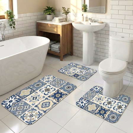 Covoare baie - Set covoare baie antiderapante, 3 piese, model ceramic decorativ