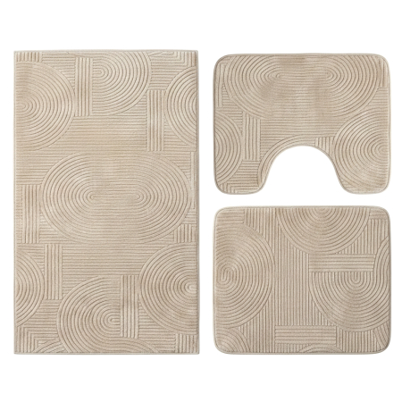 Covoare baie - Set covoare baie antiderapante, 3 piese, bej, textură soft cu acolade