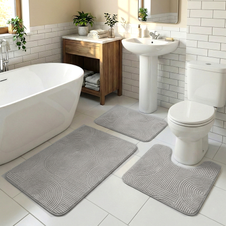 Covoare baie - Set covoare baie antiderapante, 3 piese, gri, textură soft cu acolade