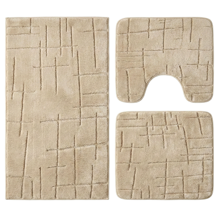 Covoare baie - Set covoare baie antiderapante, 3 piese, bej, textură soft crestată
