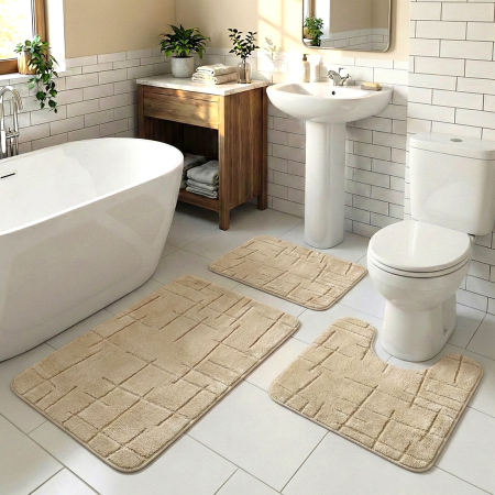 Covoare baie - Set covoare baie antiderapante, 3 piese, bej, textură soft crestată