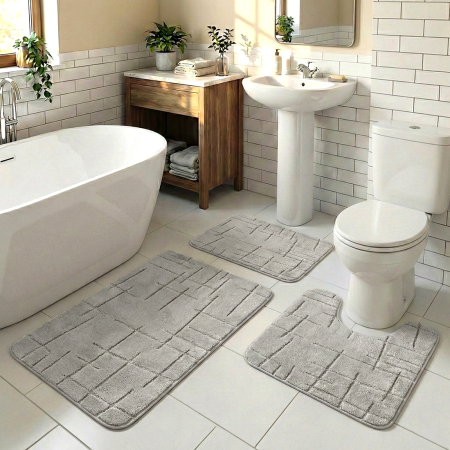 Covoare baie - Set covoare baie antiderapante, 3 piese, gri deschis, textură soft crestată