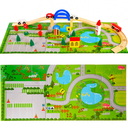 Pentru copii - Set circuit din lemn cu mașini și peisaje 40 piese JC74