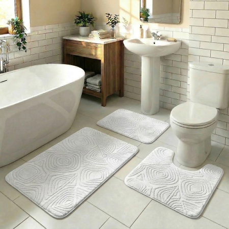 Baie - Set covoare baie antiderapante, 3 piese, alb, textură soft triunghi