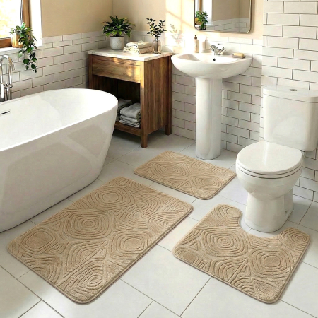 Baie - Set covoare baie antiderapante, 3 piese, bej, textură soft triunghi