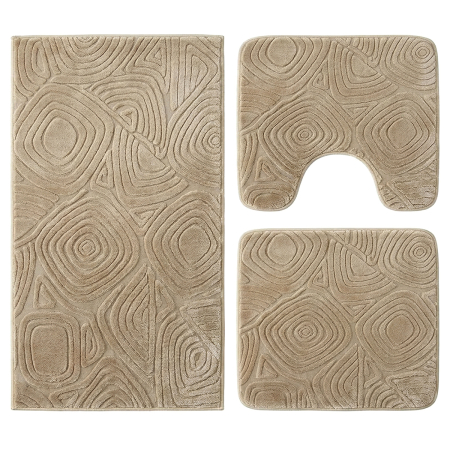 Baie - Set covoare baie antiderapante, 3 piese, bej, textură soft triunghi