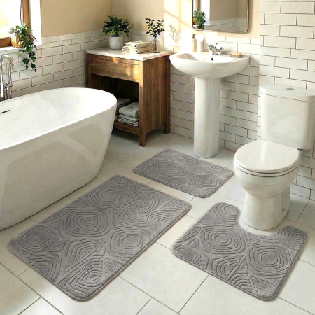 Baie - Set covoare baie antiderapante, 3 piese, gri, textură soft triunghi