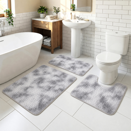 Covoare baie - Set covoare baie antiderapante, 3 piese, model abstract, gri, CBA424