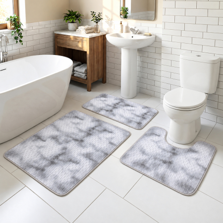 Covoare baie - Set covoare baie antiderapante, 3 piese, model abstract, gri, CBA424