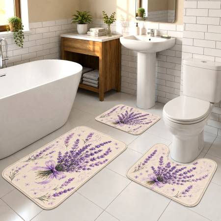 Covoare baie - Set covoare baie antiderapante, 3 piese, model Buchet de Lavandă, CBA126