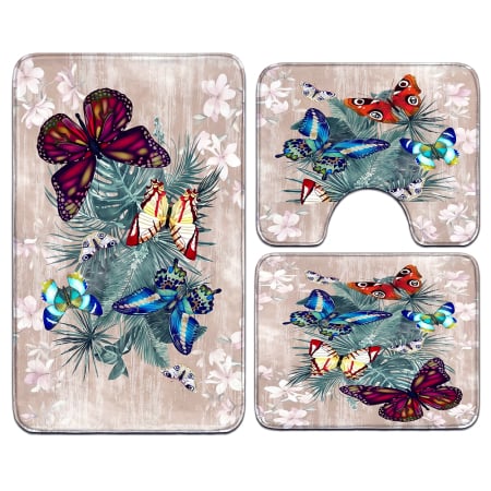 Covoare baie - Set covoare baie antiderapante, 3 piese, model fluturi tropicali