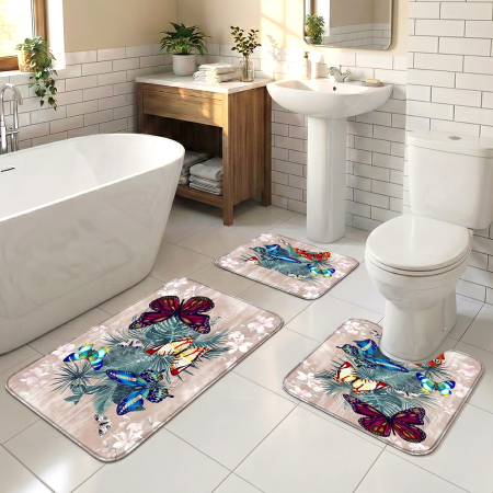 Covoare baie - Set covoare baie antiderapante, 3 piese, model fluturi tropicali
