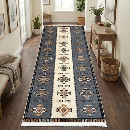 Covoare antiderapante - Traversă hol antiderapantă, 400 cm, model etnic, gri cu bej