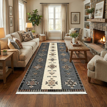 Traversă hol antiderapantă, 400 cm, model etnic, gri cu bej [7]