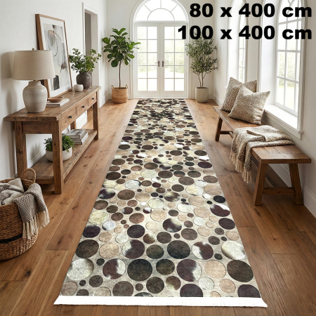 Covoare antiderapante - Traversă hol antiderapantă, 400 cm, model cu cercuri, bej-maro