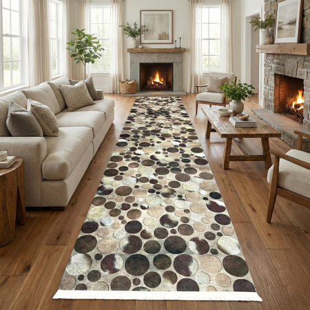 Covoare antiderapante - Traversă hol antiderapantă, 400 cm, model cu cercuri, bej-maro