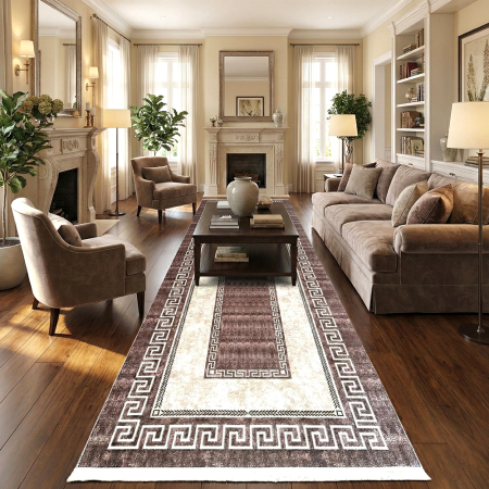 Covoare antiderapante - Traversă hol antiderapantă, 400 cm, model clasic geometric, bej-maro