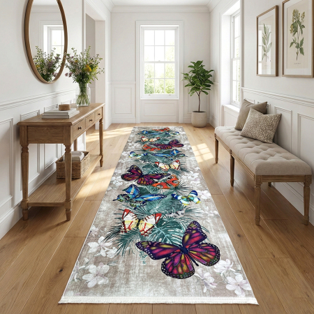 Traversă hol antiderapantă, 400 cm, model floral cu fluturi, multicolor [8]