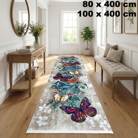 Covoare antiderapante - Traversă hol antiderapantă, 400 cm, model floral cu fluturi, multicolor
