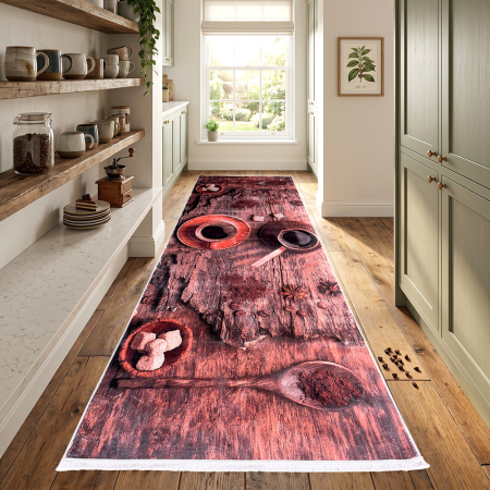 Covoare antiderapante - Traversă bucătărie antiderapantă, 80x300 cm, model Coffee Time Rustic, TRB1252
