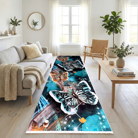 Traversă hol antiderapantă, 400 cm, Model cu Fluturi, Turcoaz, TRV2213 [1]