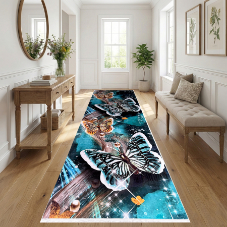 Traversă hol antiderapantă, 400 cm, Model cu Fluturi, Turcoaz, TRV2213 [0]
