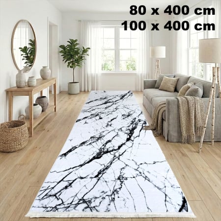 Covoare antiderapante - Traversă hol antiderapantă, 400 cm, model marmură, alb cu negru