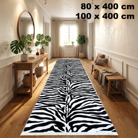Covoare antiderapante - Traversă hol antiderapantă, 400 cm, model zebra, alb cu negru