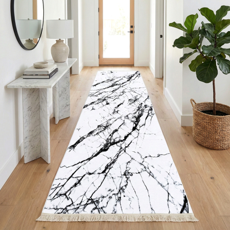 Covoare antiderapante - Traversă hol antiderapantă, 80x300 cm, alb cu negru, model marmură