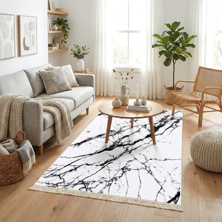 Covoare antiderapante - Traversă hol antiderapantă, 80x300 cm, alb cu negru, model marmură