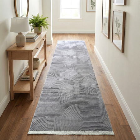 Covoare antiderapante - Traversă hol antiderapantă, 80x300 cm, soft 3D, model acolade, gri