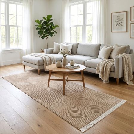 Covoare antiderapante - Traversă hol antiderapantă, 80x300 cm, soft 3D, model acolade, crem