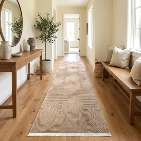 Covoare antiderapante - Traversă hol antiderapantă, 80x300 cm, soft 3D, model acolade, crem