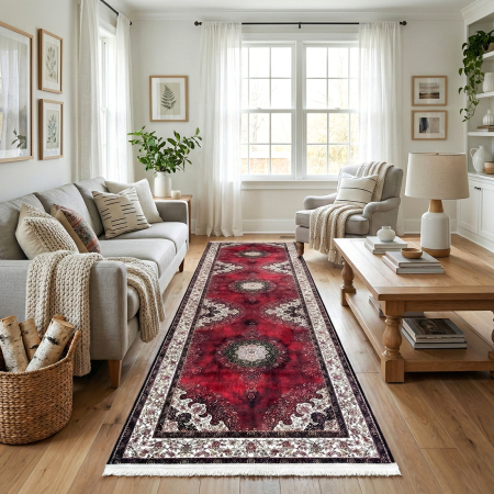 Covoare antiderapante - Traversă hol antiderapantă, 80x300 cm, model clasic oriental roșu