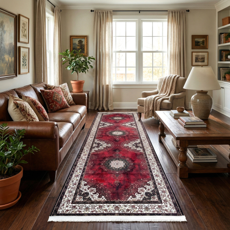 Covoare antiderapante - Traversă hol antiderapantă, 80x300 cm, model clasic oriental roșu