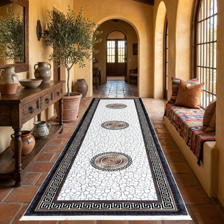 Covoare antiderapante - Traversă hol antiderapantă, 400 cm, model cu medalioane și chenar grecesc