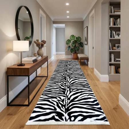 Covoare antiderapante - Traversă hol antiderapantă, 80x300 cm, model zebra alb-negru