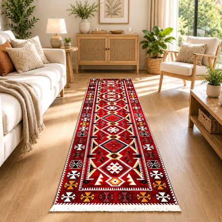 Covoare antiderapante - Traversă hol antiderapantă, 80x300 cm, Model Boho Roșu, TRV2312