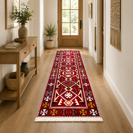 Covoare antiderapante - Traversă hol antiderapantă, 80x300 cm, Model Boho Roșu, TRV2312