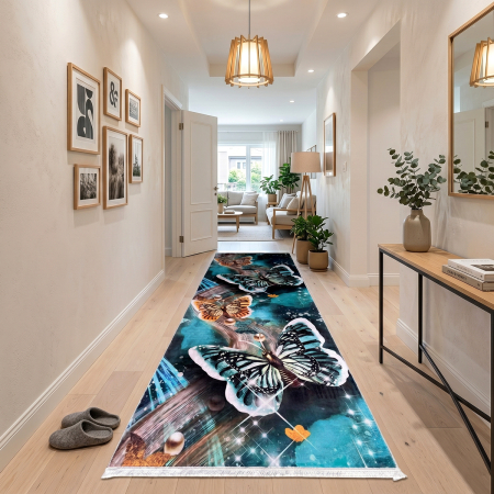 Covoare antiderapante - Traversă hol antiderapantă, 80x300 cm, model fluturi turcoaz, 80x300 cm, TRV2212