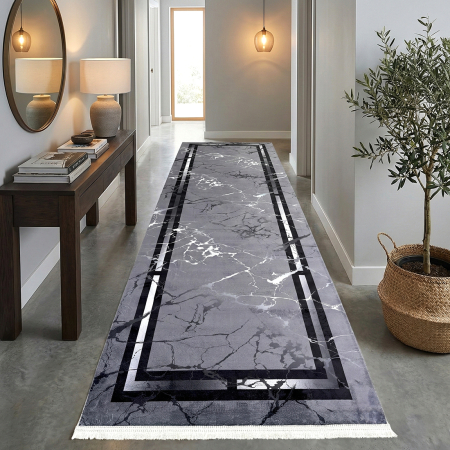 Covoare antiderapante - Traversă hol antiderapantă, 80x300 cm, model marmură gri cu chenare negre
