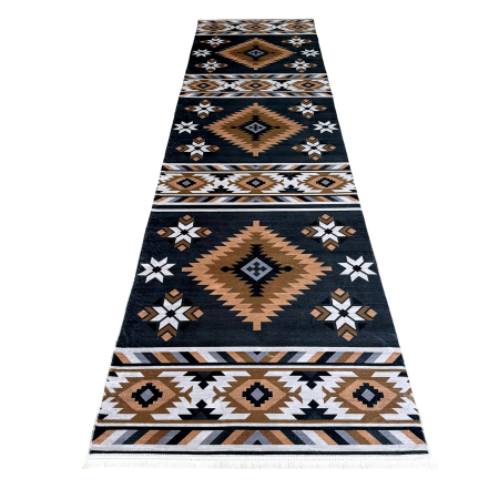 Covoare antiderapante - Traversă hol antiderapantă, 80x300 cm, negru-maroniu, model etnic geometric