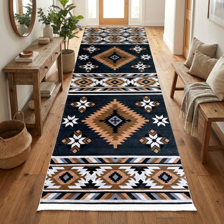 Covoare antiderapante - Traversă hol antiderapantă, 80x300 cm, negru-maroniu, model etnic geometric