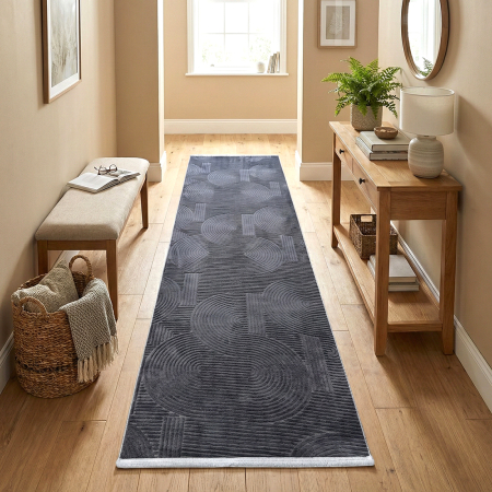 Covoare antiderapante - Traversă hol antiderapantă, 80x300 cm, soft 3D, model acolade, antracit