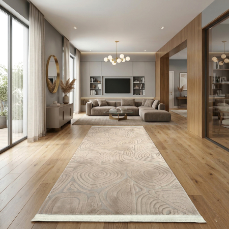 Covoare antiderapante - Traversă hol antiderapantă, 80x300 cm, soft 3D, model triunghi, bej