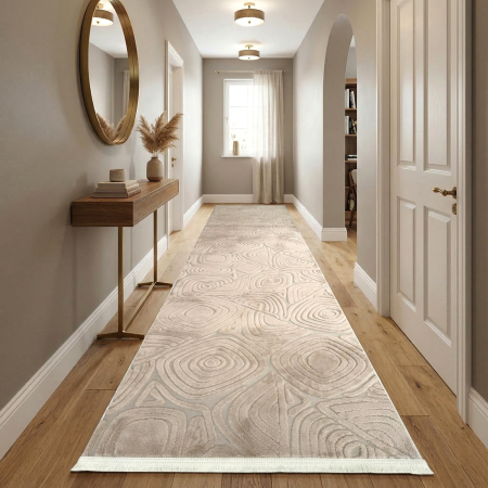 Covoare antiderapante - Traversă hol antiderapantă, 80x300 cm, soft 3D, model triunghi, bej