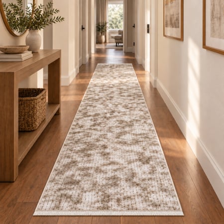 Covoare antiderapante - Traversă hol antiderapantă, 80x300 cm, Welsoft, model abstract, bej-taupe, TRV4212