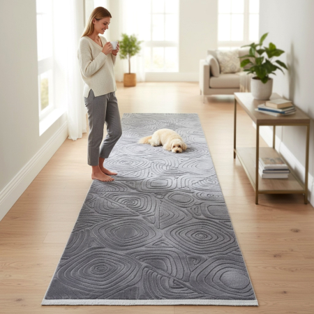 Covoare antiderapante - Traversă hol antiderapantă, 80x300 cm, soft 3D, model triunghi, gri