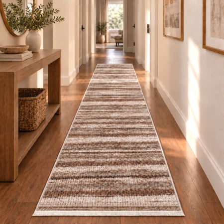 Covoare antiderapante - Traversă hol antiderapantă, 80x300 cm, Welsoft, model dungi, maro-bej, TRV4252