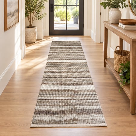 Covoare antiderapante - Traversă hol antiderapantă, 80x300 cm, Welsoft, model dungi, maro-bej, TRV4252